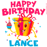 A funny animated birthday GIF with the words 'Happy Birthday Lancea', colorful gift box with arms and legs, holding a cupcake with a lit candle  with confetti everywhere.