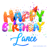 Animated GIF with colorful, festive 'Happy Birthday Lance' text decorated with patterns, a party hat, and falling confetti. A vibrant and cheerful design for birthday celebrations.