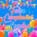 A vibrant animated GIF with 'Feliz Cumpleaños Landan' written in colorful script, surrounded by balloons, confetti, and bunting on a bright blue background.
