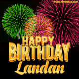 A captivating GIF with bursts of green, pink, and orange fireworks lighting up the night sky, accompanied by 'Happy Birthday Landan' in glowing golden text.