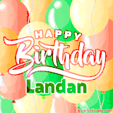 Animated GIF featuring colorful balloons in the background with the cheerful text 'Happy Birthday Landan'.