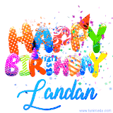 Animated GIF with colorful, festive 'Happy Birthday Landan' text decorated with patterns, a party hat, and falling confetti. A vibrant and cheerful design for birthday celebrations.