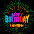 A colorful animated GIF featuring the text 'Happy Birthday Landen!' in rainbow colors with a dynamic iridescent firework display in the background.