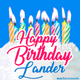 A cheerful animated GIF featuring colorful lit birthday candles on a white cake, with the text 'Happy Birthday Lander' in bold red and blue script on a bright blue background.