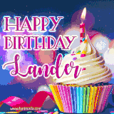 A festive animated GIF featuring a colorful cupcake with a single lit candle, sprinkles, and 'Happy Birthday Lander' text against a sparkling, celebratory background.