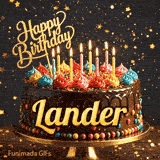 Gourmet chocolate cake with a glittering Happy Birthday sign and burning candles on a dark background and name Lander