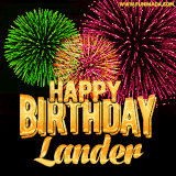 A captivating GIF with bursts of green, pink, and orange fireworks lighting up the night sky, accompanied by 'Happy Birthday Lander' in glowing golden text.