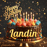 An animated birthday card for Landin with flickering candles on a chocolate glaze cake.