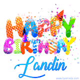 Animated GIF with colorful, festive 'Happy Birthday Landin' text decorated with patterns, a party hat, and falling confetti. A vibrant and cheerful design for birthday celebrations.