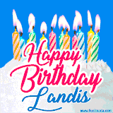 A cheerful animated GIF featuring colorful lit birthday candles on a white cake, with the text 'Happy Birthday Landis' in bold red and blue script on a bright blue background.