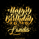 Animated GIF with colorful, festive 'Happy Birthday Landis' text decorated with patterns, a party hat, and falling confetti. A vibrant and cheerful design for birthday celebrations.