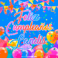 A vibrant animated GIF with 'Feliz Cumpleaños Landis' written in colorful script, surrounded by balloons, confetti, and bunting on a bright blue background.