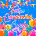 A vibrant animated GIF with 'Feliz Cumpleaños Lando' written in colorful script, surrounded by balloons, confetti, and bunting on a bright blue background.