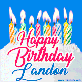 A cheerful animated GIF featuring colorful lit birthday candles on a white cake, with the text 'Happy Birthday Landon' in bold red and blue script on a bright blue background.