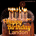A rich chocolate cake topped with glowing birthday candles and surrounded by bright fireworks. The animated GIF displays the message 'Happy Birthday Landon' in golden text.