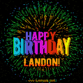 A colorful animated GIF featuring the text 'Happy Birthday Landon!' in rainbow colors with a dynamic iridescent firework display in the background.