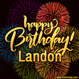 A vibrant display of multicolor fireworks with the text 'Happy Birthday Landon' written in gold, glowing beautifully in front of the explosive background.