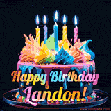 A vibrant animated GIF featuring a colorful rotating birthday cake with bright frosting swirls, glowing candles, and the text 'Happy Birthday Landon!' in rainbow colors.