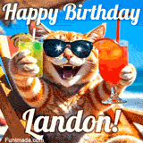 A cheerful cat wearing sunglasses, enjoying drinks on a sunny beach chair, with the text 'Happy Birthday Landon!' in bright letters.