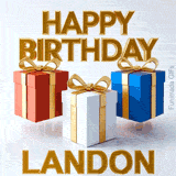 Bright and fun Happy Birthday Landon GIF featuring three lively jumping gift boxes tied with shiny golden bows on a light background