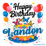A sweet birthday cake with colorful icing flowers and balloon clusters on a white background, personalized for Landon.
