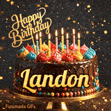 A chocolate birthday cake with colorful candies at the base and lit candles on top, featured on an animated card for Landon.