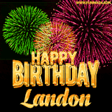 A captivating GIF with bursts of green, pink, and orange fireworks lighting up the night sky, accompanied by 'Happy Birthday Landon' in glowing golden text.