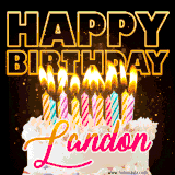 A vibrant animated GIF featuring a delicious birthday cake topped with glowing candles and the name 'Landon' in elegant script, and the words 'Happy Birthday' on the black background.