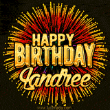 Golden 'Happy Birthday Landree' text accompanied by animated rainbow fireworks for a festive animated greeting.