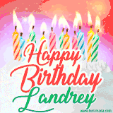 Bright birthday candles with rainbow flames on a cake, alongside the text 'Happy Birthday Landrey' in vibrant script in this celebratory animated GIF.