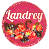 Beautifully decorated red velvet berry birthday cake with vibrant fruits and a glowing 'Landrey' name, adding a touch of sweetness and sparkle.