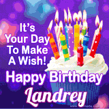 A colorful birthday GIF for Landrey featuring a cupcake with vibrant lit candles and the text 'It's Your Day to Make a Wish! Happy Birthday Landrey' in bold letters on a festive purple background.