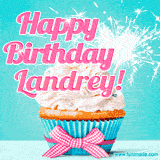 A festive cupcake with pink icing, a gingham bow, and a lit animated sparkler, paired with 'Happy Birthday Landrey!' in bright pink text.