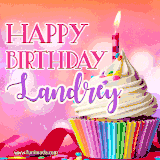 A vibrant birthday GIF featuring a rainbow-colored cupcake topped with white frosting, sprinkles, and a lit candle. The text reads 'Happy Birthday Landrey' in bold pink and violet letters with white outline.
