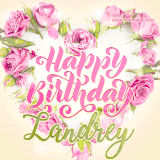 A stunning heart made of pink roses surrounds the elegant script text 'Happy Birthday Landrey' on a soft beige background. Animated sparkles add a magical and festive feel.