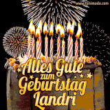 A chocolate birthday cake with glowing candles, the German text 'Alles Gute zum Geburtstag Landri,' and vibrant fireworks lighting up the background in an animated GIF.