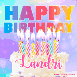 A vibrant animated name GIF with the words 'Happy Birthday Landri' with colorful candles on a creamy cake. The background sparkles with pastel shades, adding a festive touch.