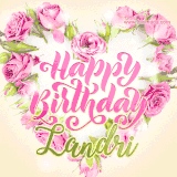 A stunning heart made of pink roses surrounds the elegant script text 'Happy Birthday Landri' on a soft beige background. Animated sparkles add a magical and festive feel.