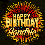 Golden 'Happy Birthday Landrie' text accompanied by animated rainbow fireworks for a festive animated greeting.