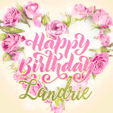 A stunning heart made of pink roses surrounds the elegant script text 'Happy Birthday Landrie' on a soft beige background. Animated sparkles add a magical and festive feel.