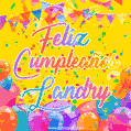 A bright and festive GIF with the text 'Feliz Cumpleaños Landry' in Spanish in colorful fonts, surrounded by confetti, balloons, and festive banners on a vibrant yellow background.