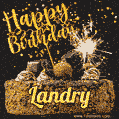 Celebrate Landry's birthday with a GIF featuring chocolate cake, a lit sparkler, and golden stars