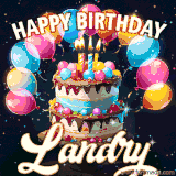 Bright birthday animation for Landry with a chocolate cake, candles, balloons, and glowing celebratory lights.