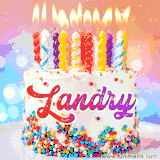 A cheerful white birthday cake with multicolor sprinkles, lit candles, and 'Landry' written in vibrant letters, in an animated GIF.
