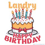 Cartoon birthday cake with a red bow, glowing candles, and 'Landry Happy Birthday' text in bold animated style.