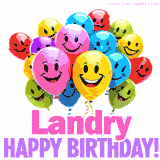 Animated colorful and joyful birthday balloons with cheerful smiles and a bright 'Happy Birthday Landry!' message in pink and purple.