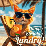 An animated orange cat wearing sunglasses, sitting on a beach chair with a tropical drink, with a festive 'Happy Birthday Landry!' message.