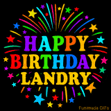 Personalized greeting card with name, colorful text that says 'Happy Birthday Landry' surrounded by animated fireworks and multicolor stars