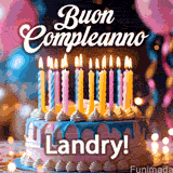 Birthday cake topped with pink and yellow lit candles, surrounded by glowing bokeh lights and party balloons. The greeting 'Buon Compleanno Landry GIF!' is displayed.