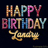 Vibrant luxury birthday greeting card for Landry, showing glittering gemstone letters and golden calligraphy on a dark background with twinkling shine effects.